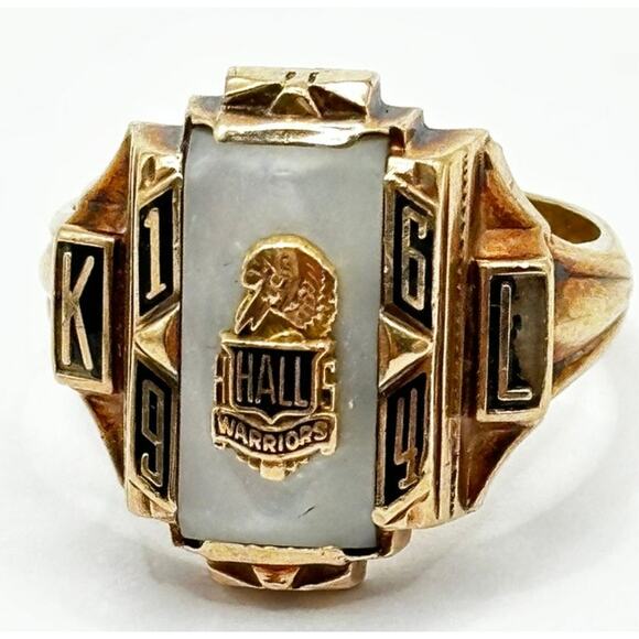 Class Ring 10k Yellow Gold MOP / Black Halls HS 1964 S 9.5 "K L Halls Warriors"